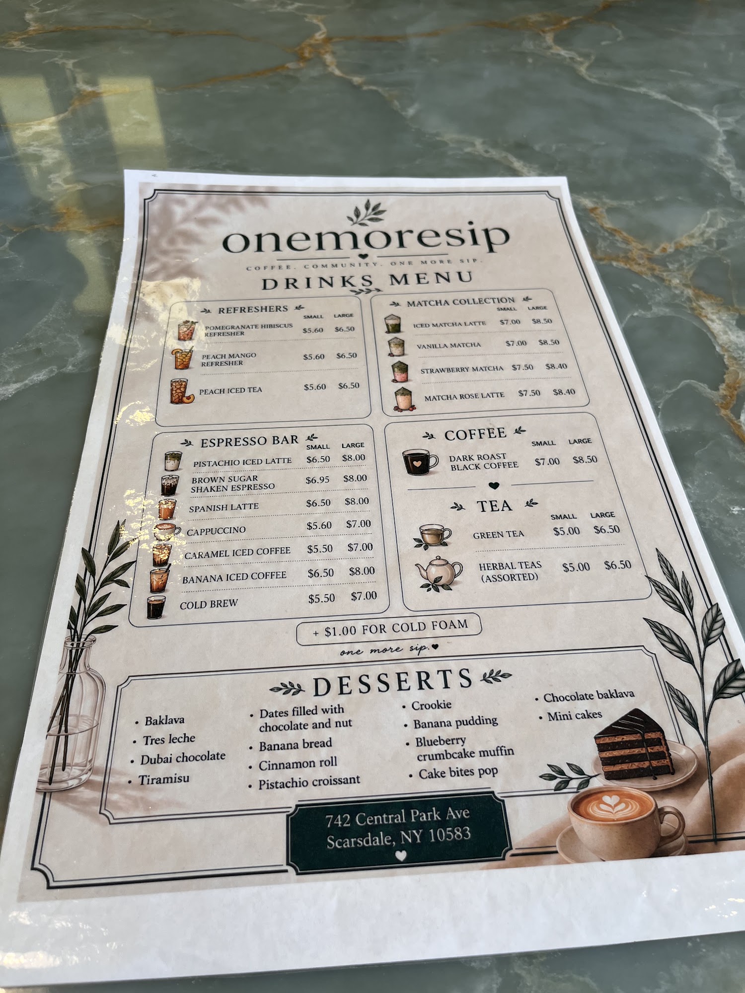 One More Sip Cafe printed drinks menu